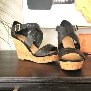 Black and cork wedge heels